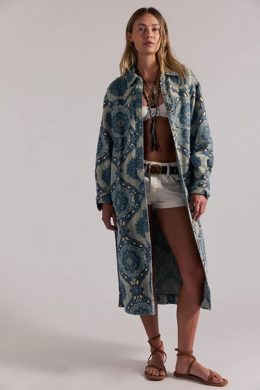 Free People Brick Lane Jacquard Maxi Jacket, Blue Combo, NWT, Size L
